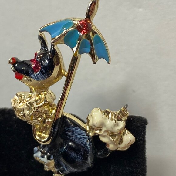 Vintage Poodle Brooch With Blue Umbrella & Rhinestone Eyes J0134 - Picture 13 of 16